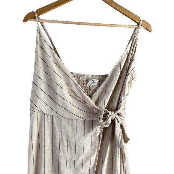 Urban Outfitters Quebec Linen Side-Tie Midi Wrap Dress Striped in Cream, Medium - Picture 4 of 13